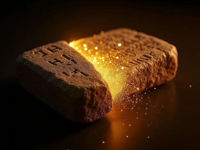 Conceptual visualization of a bridge connecting ancient stone cuneiform and digital code streams