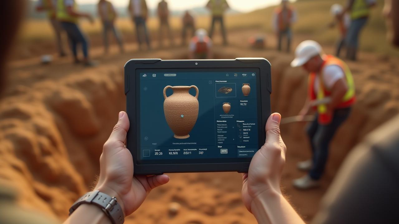 Tablet displaying AI analysis overlay in an active archaeological excavation site