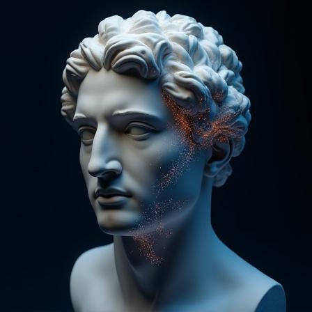 A classical marble bust overlaid with a sophisticated digital neural network pattern