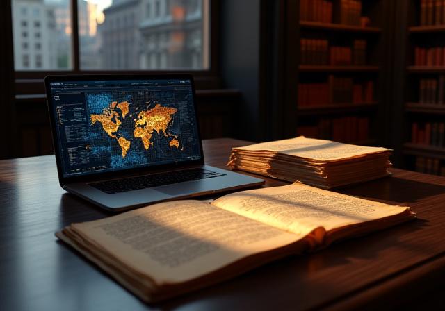 A sophisticated meeting room in New York with historical manuscripts on a table and a laptop showing data models.